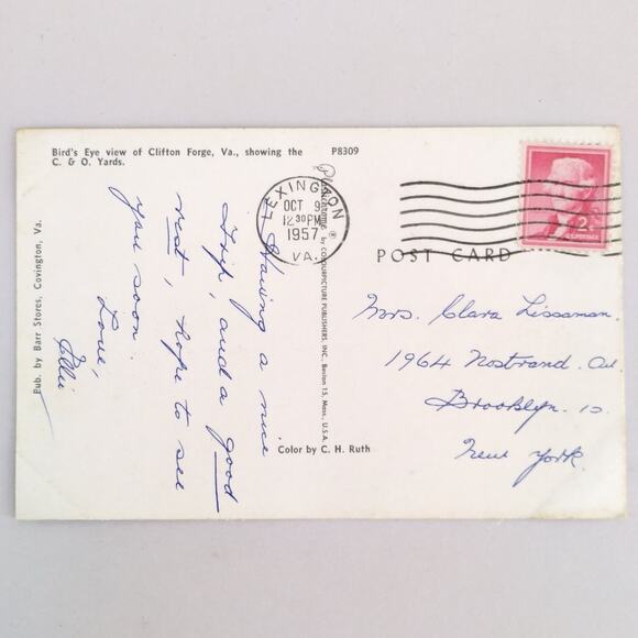 Vintage Clifton Forge Virginia Postcard 1957 C&O Railway Railroad Train Yard - Picture 2 of 2